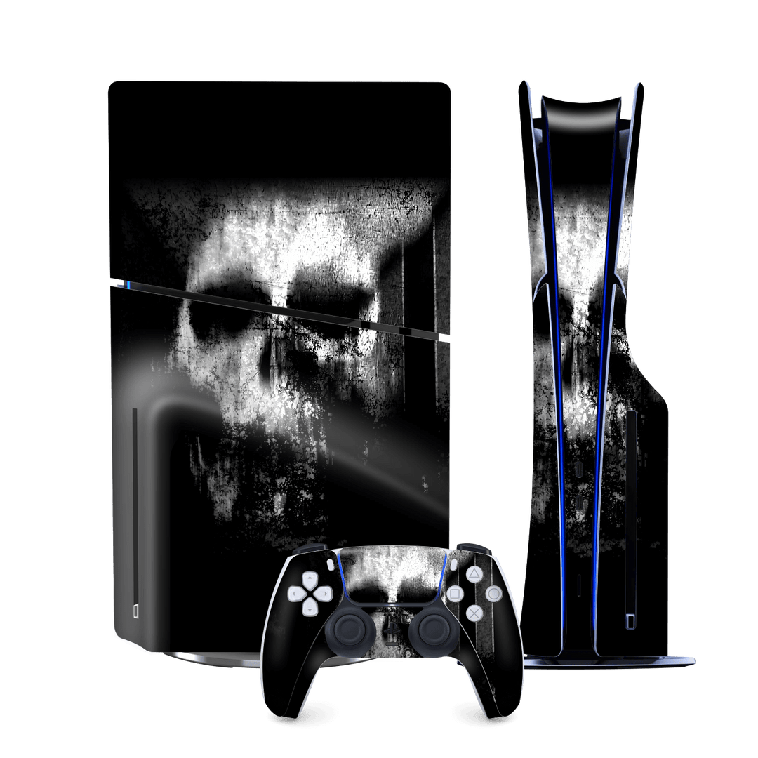 PS5 SLIM DISC EDITION (PlayStation 5 SLIM) Print Printed Custom SIGNATURE Horror Black & White SKULL Skin, Wrap, Decal, Protector, Cover by QSKINZ | qskinz.com