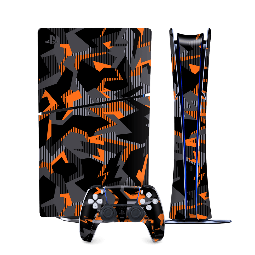 PS5 SLIM DIGITAL EDITION (PlayStation 5 SLIM) Print Printed Custom SIGNATURE Sharp-Edged Orange Camo Camouflage Skin Wrap Sticker Decal Cover Protector by QSKINZ | qskinz.com