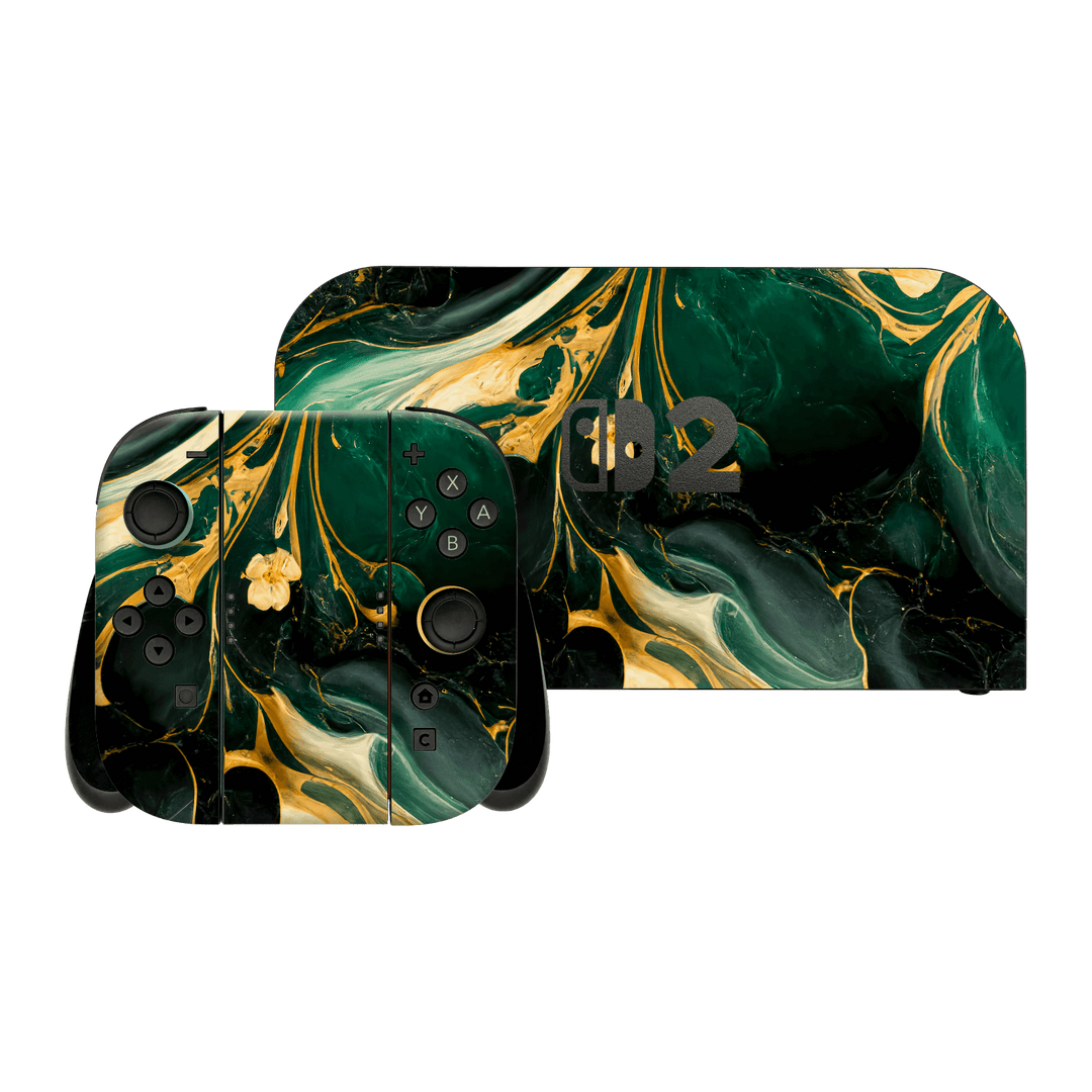 Nintendo Switch 2 Print Printed Custom SIGNATURE Agate Geode Royal Green Gold Skin Wrap Sticker Decal Cover Protector by QSKINZ | qskinz.com