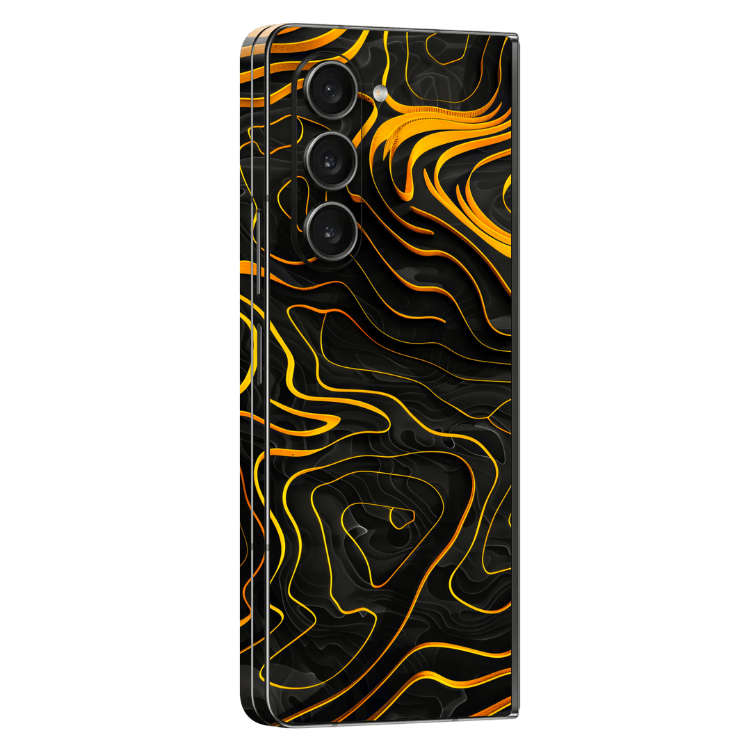 Samsung Galaxy Z FOLD 5 Print Printed Custom SIGNATURE Wave Waves Waver Yellow and Black Skin Wrap Sticker Decal Cover Protector by QSKINZ | QSKINZ.COM