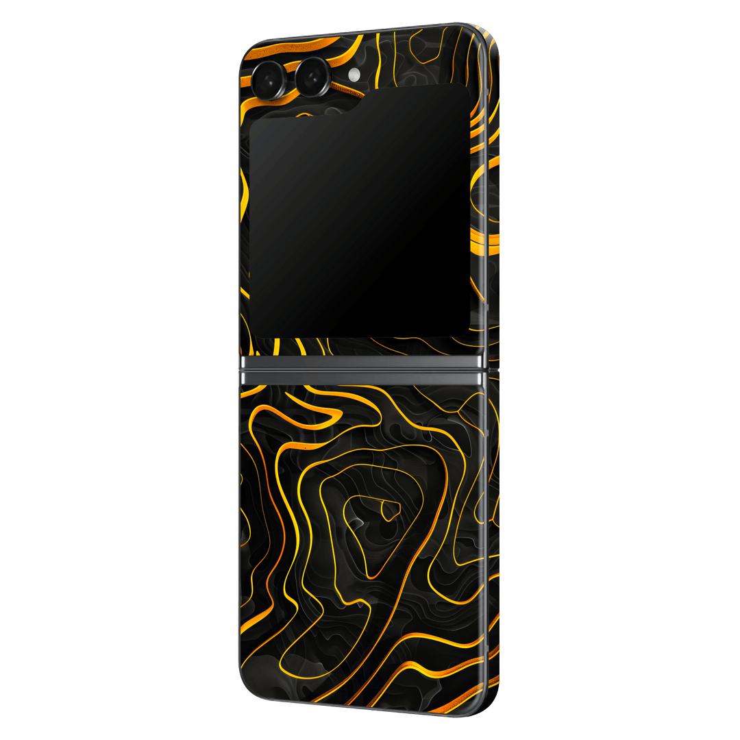 Samsung Z Flip 5 Print Printed Custom SIGNATURE Wave Waves Waver Yellow and Black Skin Wrap Sticker Decal Cover Protector by QSKINZ | QSKINZ.COM