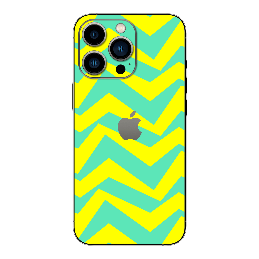 iPhone 13 Pro MAX Printed Custom SIGNATURE “ZigPop Yellow-Turquoise” Bold Yellow & Turquoise Zigzag Geometric Skin Wrap Sticker Decal Cover Protector by QSKINZ | QSKINZ.COM