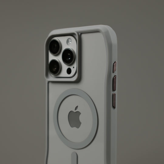 iPhone 16 Pro and 16 Pro MAX Qcaze DUO Lunar GREY Skin and Case Set Close Up Buttons