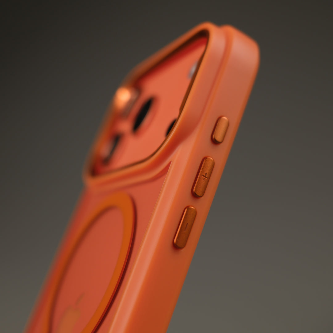 iPhone 17 Pro and iPhone 17 Pro Max Qcaze DUO in Cosmic Orange Skin with Case Set Side