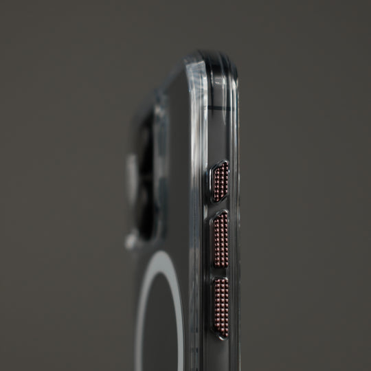 iPhone 17 Qcaze MIRAGE - the ultimate clear phone case close up buttons