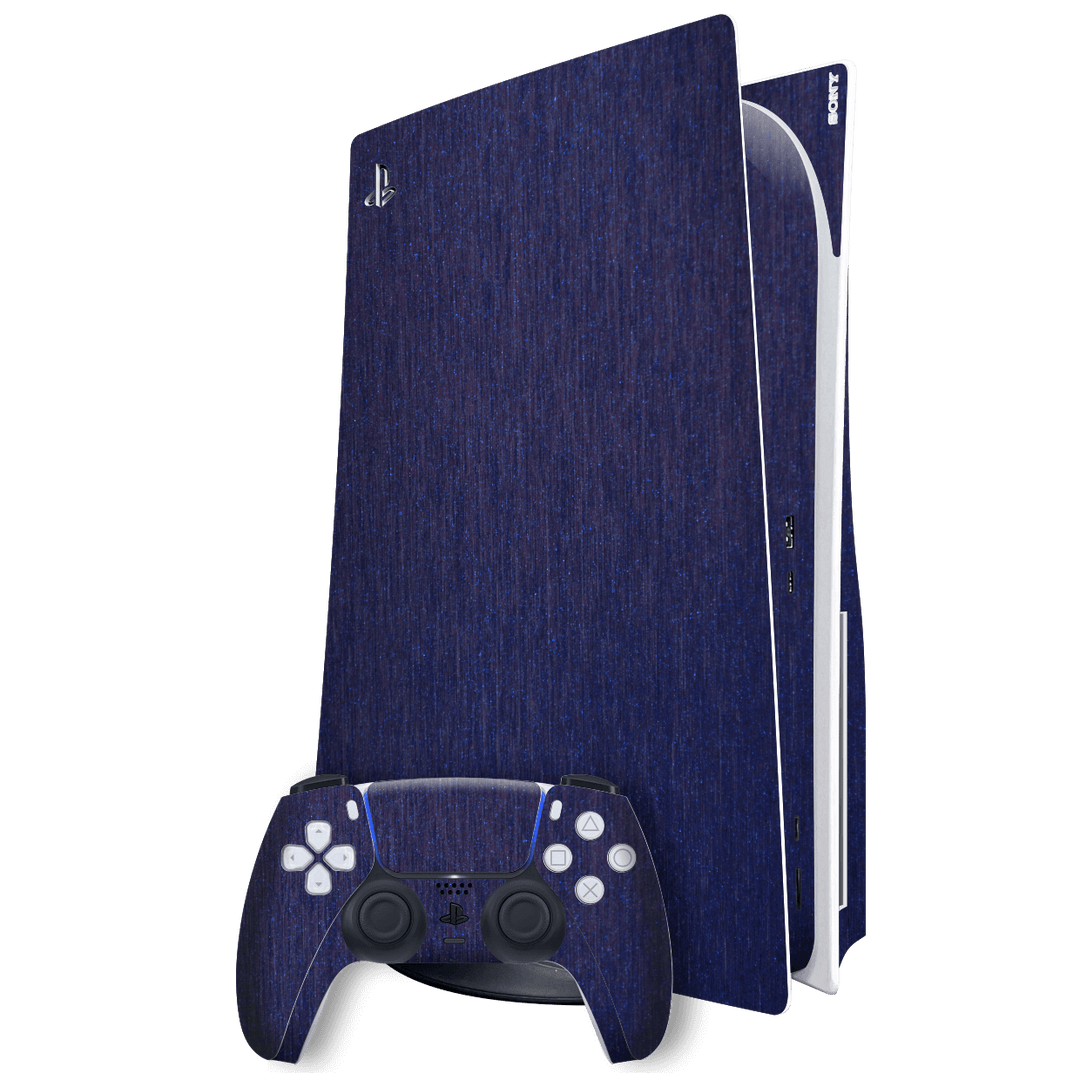 Playstation 5 (PS5) DISC Edition Brushed Metal Blue Metallic Skin Wrap Sticker Decal Cover Protector by EasySkinz | EasySkinz.com